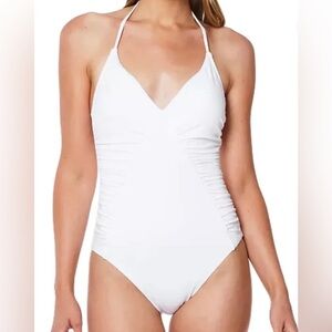 Sanctuary Ruched-Side White Halter Neck Strap Swimsuit Medium